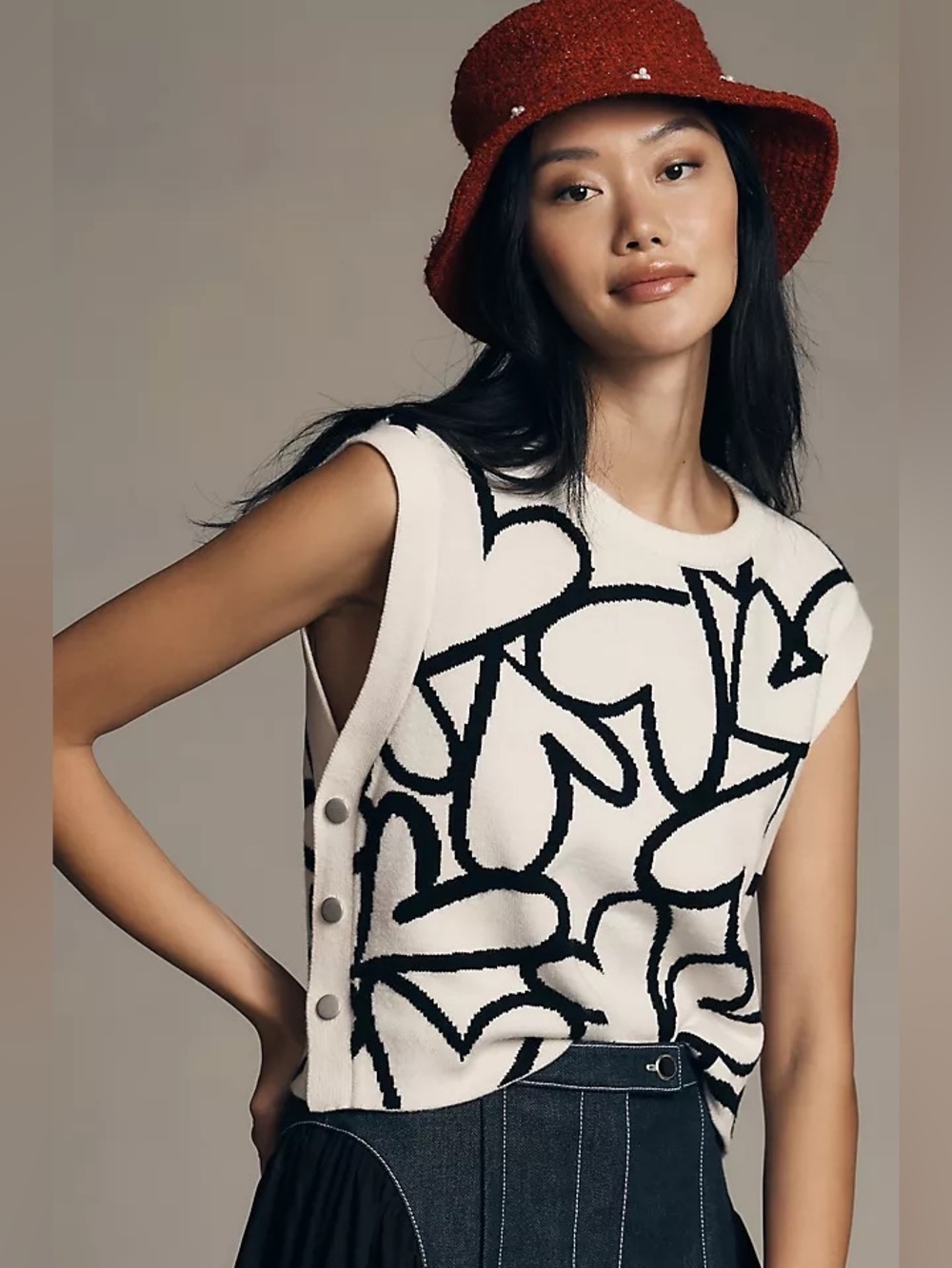 Maeve Cream Tank Top with Black Abstract Heart Pattern